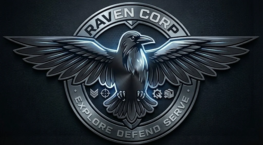 Raven Corp crest: a steel raven with spread wings inside a ring reading Raven Corp — Explore, Defend, Serve
